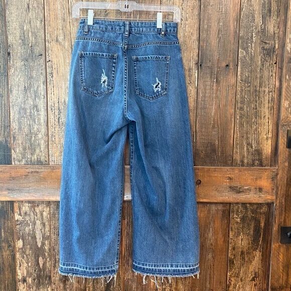 Studio Only 34 Blue Denim HighWaisted Raw Hem Wide Leg Distressed Jeans - Picture 4 of 13